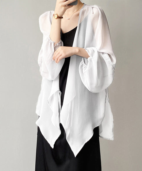 シアーカーディガン レディース薄手羽織り シースルーロングカーディガン バルーンスリーブシアーシャツ 春夏ライトアウター日焼け防止長袖 リボンロングシャツ 透け感 84JIAXUN-001