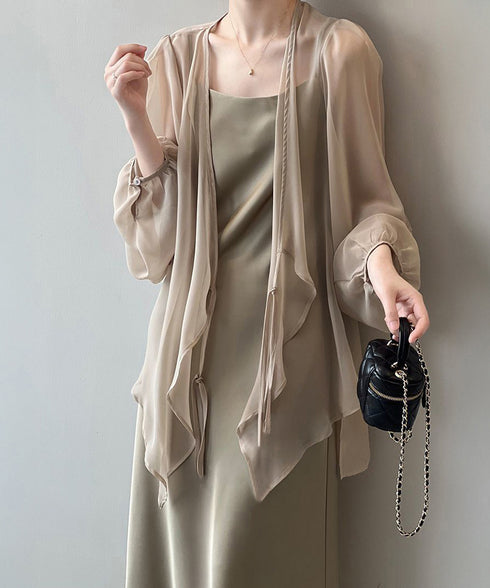 シアーカーディガン レディース薄手羽織り シースルーロングカーディガン バルーンスリーブシアーシャツ 春夏ライトアウター日焼け防止長袖 リボンロングシャツ 透け感 84JIAXUN-001