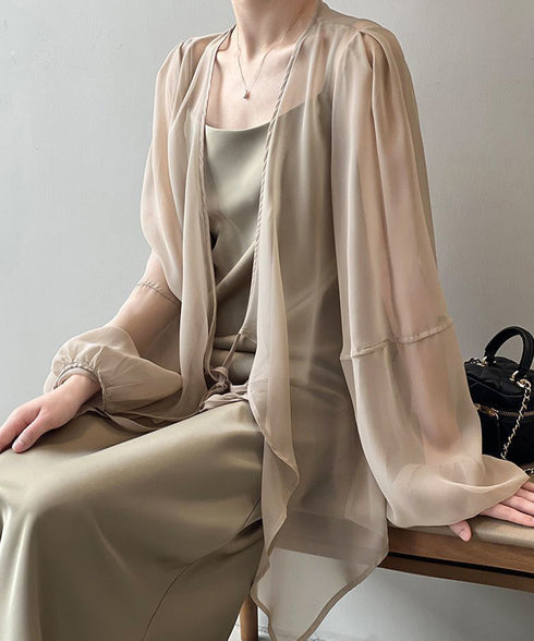 シアーカーディガン レディース薄手羽織り シースルーロングカーディガン バルーンスリーブシアーシャツ 春夏ライトアウター日焼け防止長袖 リボンロングシャツ 透け感 84JIAXUN-001