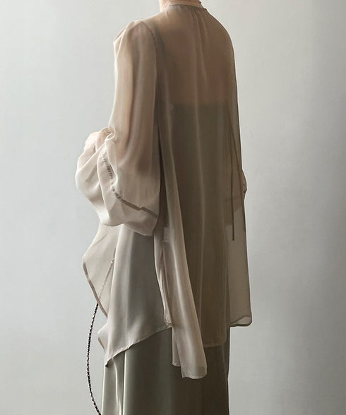 シアーカーディガン レディース薄手羽織り シースルーロングカーディガン バルーンスリーブシアーシャツ 春夏ライトアウター日焼け防止長袖 リボンロングシャツ 透け感 84JIAXUN-001