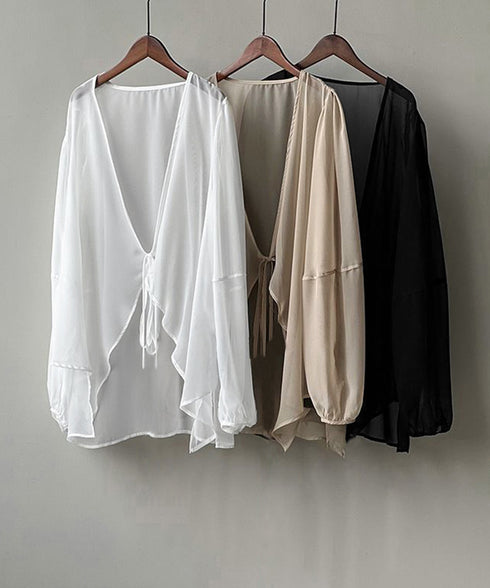 シアーカーディガン レディース薄手羽織り シースルーロングカーディガン バルーンスリーブシアーシャツ 春夏ライトアウター日焼け防止長袖 リボンロングシャツ 透け感 84JIAXUN-001