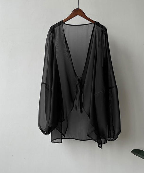 シアーカーディガン レディース薄手羽織り シースルーロングカーディガン バルーンスリーブシアーシャツ 春夏ライトアウター日焼け防止長袖 リボンロングシャツ 透け感 84JIAXUN-001