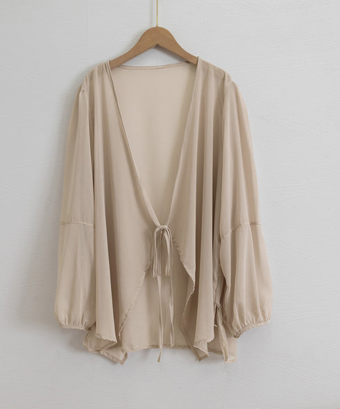 シアーカーディガン レディース薄手羽織り シースルーロングカーディガン バルーンスリーブシアーシャツ 春夏ライトアウター日焼け防止長袖 リボンロングシャツ 透け感 84JIAXUN-001