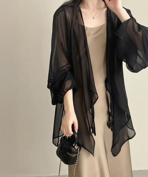 シアーカーディガン レディース薄手羽織り シースルーロングカーディガン バルーンスリーブシアーシャツ 春夏ライトアウター日焼け防止長袖 リボンロングシャツ 透け感 84JIAXUN-001