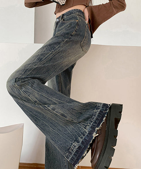 レトロ フレアデニムパンツ ローエッジ ジーパン レディース ハイウエスト ヴィンテージ 美脚脚長 ボトムス カジュアル ブーツカットデニム 着やせロングパンツ 84JIAYE-001