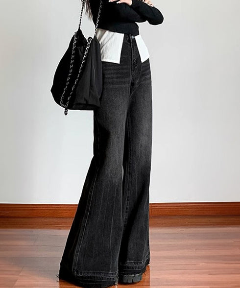 レトロ フレアデニムパンツ ローエッジ ジーパン レディース ハイウエスト ヴィンテージ 美脚脚長 ボトムス カジュアル ブーツカットデニム 着やせロングパンツ 84JIAYE-001