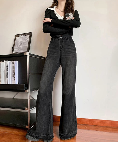 レトロ フレアデニムパンツ ローエッジ ジーパン レディース ハイウエスト ヴィンテージ 美脚脚長 ボトムス カジュアル ブーツカットデニム 着やせロングパンツ 84JIAYE-001