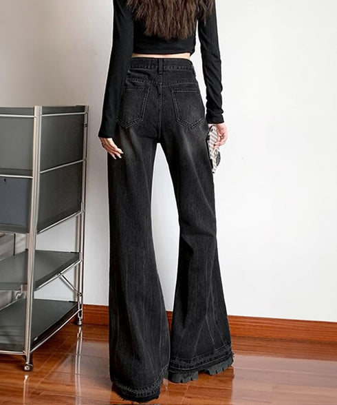 レトロ フレアデニムパンツ ローエッジ ジーパン レディース ハイウエスト ヴィンテージ 美脚脚長 ボトムス カジュアル ブーツカットデニム 着やせロングパンツ 84JIAYE-001