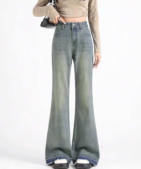 レトロ フレアデニムパンツ ローエッジ ジーパン レディース ハイウエスト ヴィンテージ 美脚脚長 ボトムス カジュアル ブーツカットデニム 着やせロングパンツ 84JIAYE-001