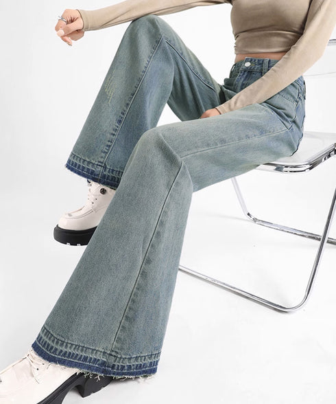 レトロ フレアデニムパンツ ローエッジ ジーパン レディース ハイウエスト ヴィンテージ 美脚脚長 ボトムス カジュアル ブーツカットデニム 着やせロングパンツ 84JIAYE-001