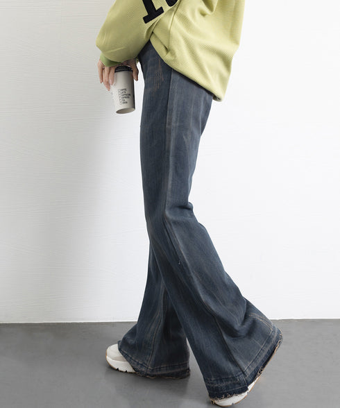 レトロ フレアデニムパンツ ローエッジ ジーパン レディース ハイウエスト ヴィンテージ 美脚脚長 ボトムス カジュアル ブーツカットデニム 着やせロングパンツ 84JIAYE-001