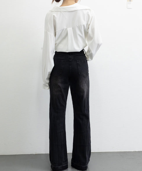 レトロ フレアデニムパンツ ローエッジ ジーパン レディース ハイウエスト ヴィンテージ 美脚脚長 ボトムス カジュアル ブーツカットデニム 着やせロングパンツ 84JIAYE-001