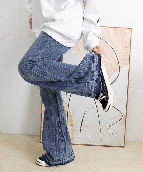 レトロ フレアデニムパンツ ローエッジ ジーパン レディース ハイウエスト ヴィンテージ 美脚脚長 ボトムス カジュアル ブーツカットデニム 着やせロングパンツ 84JIAYE-001