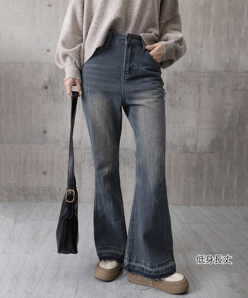 レトロ フレアデニムパンツ ローエッジ ジーパン レディース ハイウエスト ヴィンテージ 美脚脚長 ボトムス カジュアル ブーツカットデニム 着やせロングパンツ 84JIAYE-001