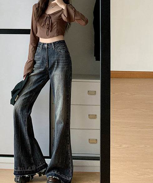 レトロ フレアデニムパンツ ローエッジ ジーパン レディース ハイウエスト ヴィンテージ 美脚脚長 ボトムス カジュアル ブーツカットデニム 着やせロングパンツ 84JIAYE-001