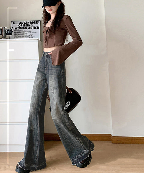 レトロ フレアデニムパンツ ローエッジ ジーパン レディース ハイウエスト ヴィンテージ 美脚脚長 ボトムス カジュアル ブーツカットデニム 着やせロングパンツ 84JIAYE-001