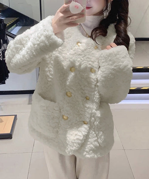 ボアジャケット もこもこアウター 韓国風 レディースフェイクファーコート 中綿入り厚手冬服 ゴールドボタン ボアブルゾン暖かい カジュアル 防寒アウター体型カバー 84JINGYI-001