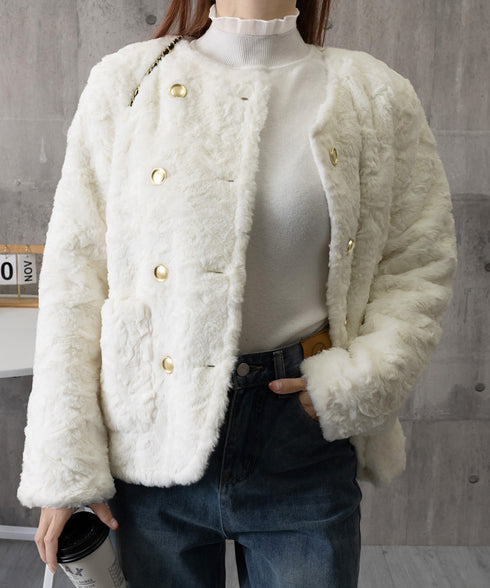 ボアジャケット もこもこアウター 韓国風 レディースフェイクファーコート 中綿入り厚手冬服 ゴールドボタン ボアブルゾン暖かい カジュアル 防寒アウター体型カバー 84JINGYI-001