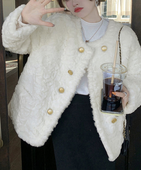ボアジャケット もこもこアウター 韓国風 レディースフェイクファーコート 中綿入り厚手冬服 ゴールドボタン ボアブルゾン暖かい カジュアル 防寒アウター体型カバー 84JINGYI-001