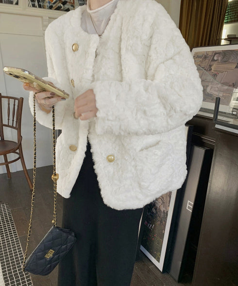 ボアジャケット もこもこアウター 韓国風 レディースフェイクファーコート 中綿入り厚手冬服 ゴールドボタン ボアブルゾン暖かい カジュアル 防寒アウター体型カバー 84JINGYI-001