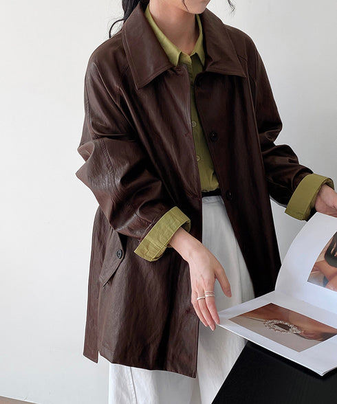 エコレザーロングジャケット韓国風アウター レディースウエストマークフェイクレザージャケット 合皮テーラードジャケットお洒落 ベルト付きアウター秋冬 カジュアル上着 84JINGYI-002