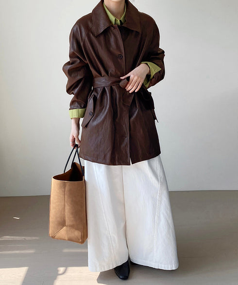 エコレザーロングジャケット韓国風アウター レディースウエストマークフェイクレザージャケット 合皮テーラードジャケットお洒落 ベルト付きアウター秋冬 カジュアル上着 84JINGYI-002