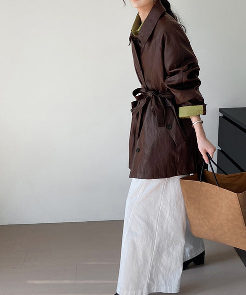 エコレザーロングジャケット韓国風アウター レディースウエストマークフェイクレザージャケット 合皮テーラードジャケットお洒落 ベルト付きアウター秋冬 カジュアル上着 84JINGYI-002