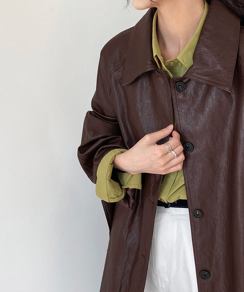 エコレザーロングジャケット韓国風アウター レディースウエストマークフェイクレザージャケット 合皮テーラードジャケットお洒落 ベルト付きアウター秋冬 カジュアル上着 84JINGYI-002