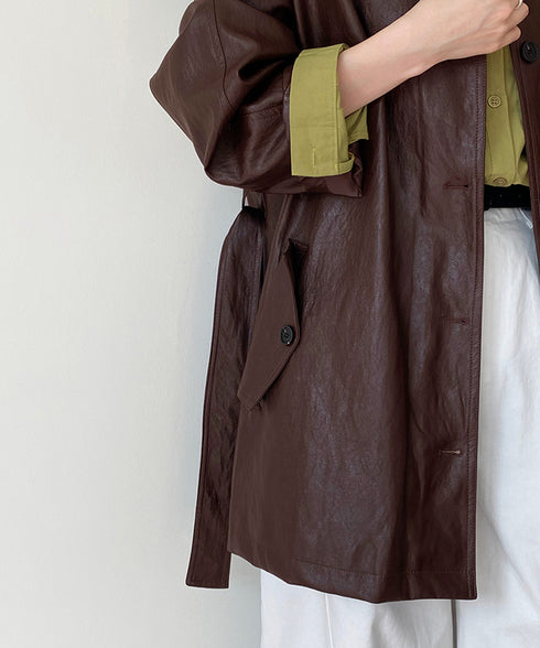 エコレザーロングジャケット韓国風アウター レディースウエストマークフェイクレザージャケット 合皮テーラードジャケットお洒落 ベルト付きアウター秋冬 カジュアル上着 84JINGYI-002