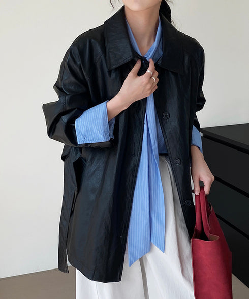 エコレザーロングジャケット韓国風アウター レディースウエストマークフェイクレザージャケット 合皮テーラードジャケットお洒落 ベルト付きアウター秋冬 カジュアル上着 84JINGYI-002