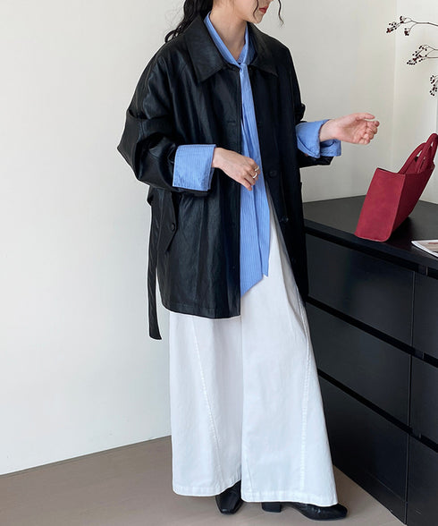 エコレザーロングジャケット韓国風アウター レディースウエストマークフェイクレザージャケット 合皮テーラードジャケットお洒落 ベルト付きアウター秋冬 カジュアル上着 84JINGYI-002