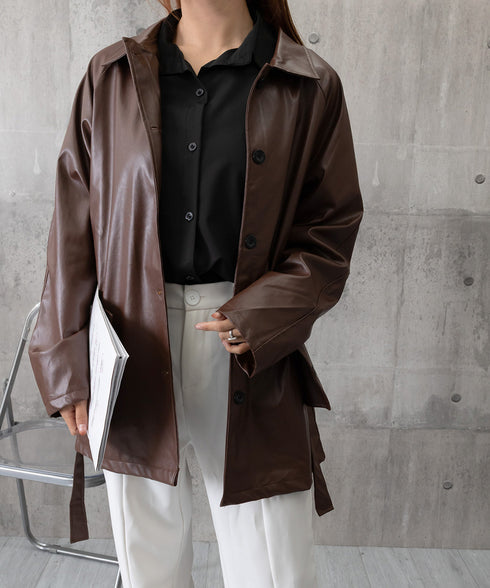 エコレザーロングジャケット韓国風アウター レディースウエストマークフェイクレザージャケット 合皮テーラードジャケットお洒落 ベルト付きアウター秋冬 カジュアル上着 84JINGYI-002