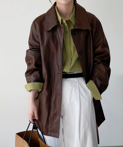 エコレザーロングジャケット韓国風アウター レディースウエストマークフェイクレザージャケット 合皮テーラードジャケットお洒落 ベルト付きアウター秋冬 カジュアル上着 84JINGYI-002