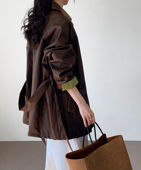 エコレザーロングジャケット韓国風アウター レディースウエストマークフェイクレザージャケット 合皮テーラードジャケットお洒落 ベルト付きアウター秋冬 カジュアル上着 84JINGYI-002