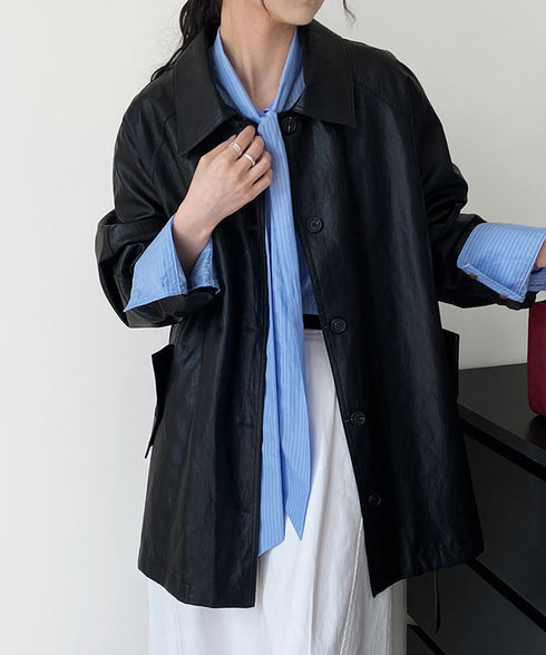 エコレザーロングジャケット韓国風アウター レディースウエストマークフェイクレザージャケット 合皮テーラードジャケットお洒落 ベルト付きアウター秋冬 カジュアル上着 84JINGYI-002