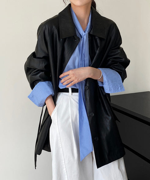 エコレザーロングジャケット韓国風アウター レディースウエストマークフェイクレザージャケット 合皮テーラードジャケットお洒落 ベルト付きアウター秋冬 カジュアル上着 84JINGYI-002