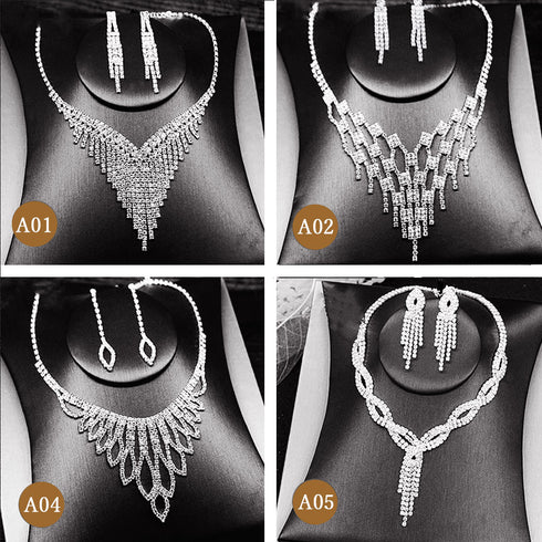 ウェディングジュエリーセットアクセサリー 豪華 ビジュー ネックレスピアスセット キラキラ ラインストーン パーティーアクセサリー ドレス用 お呼ばれ フェミニン 84JINXI-003