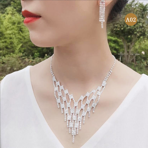 ウェディングジュエリーセットアクセサリー 豪華 ビジュー ネックレスピアスセット キラキラ ラインストーン パーティーアクセサリー ドレス用 お呼ばれ フェミニン 84JINXI-003