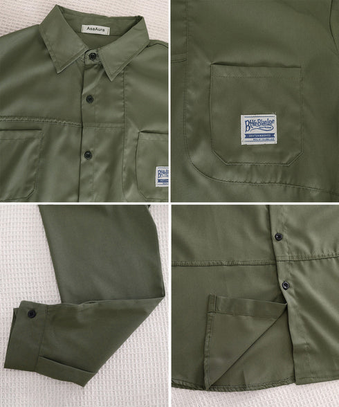 ワンポイントロゴシャツ長袖 メンズ春秋服 カジュアルシャツ無地 ヴィンテージ風ゆったりポケット付きライトアウター 韓国風トップスおしゃれ アメカジシャツ体型カバー 84JIQI-007