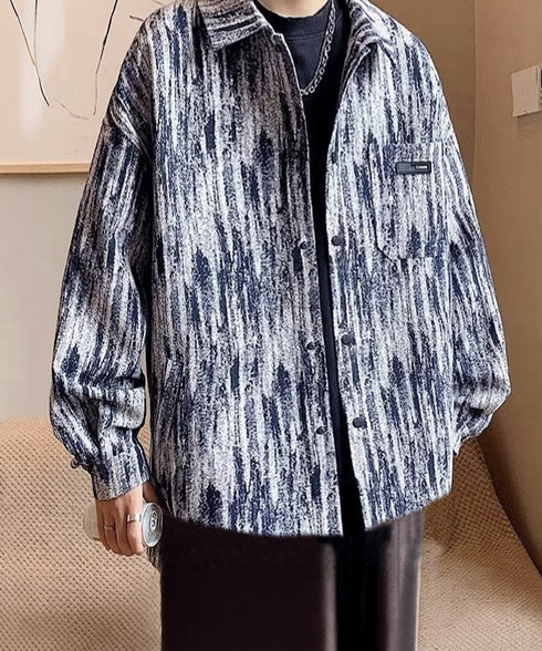 メンズ総柄シャツジャケットオーバーサイズ タイダイ風 ビッグシルエット長袖シャツブルゾン ゆったりライトアウター 春秋羽織りかっこいいストリート服トレンドメンズ服 84JIQI-008