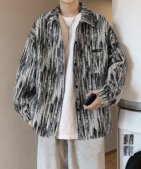 メンズ総柄シャツジャケットオーバーサイズ タイダイ風 ビッグシルエット長袖シャツブルゾン ゆったりライトアウター 春秋羽織りかっこいいストリート服トレンドメンズ服 84JIQI-008