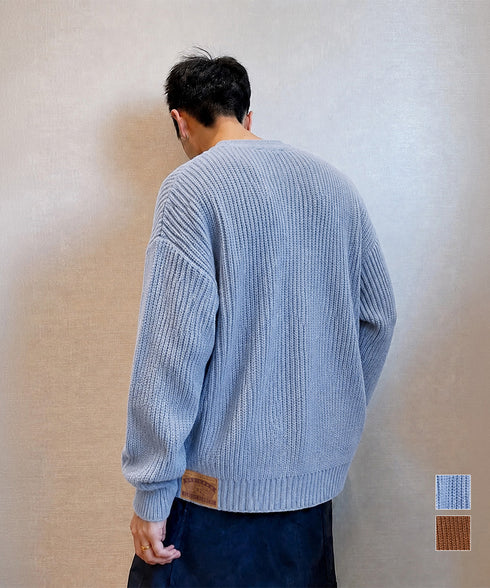 畦編みニットメンズ韓国風カーディガン秋冬 Vネックニットカーディガン男女兼用人気 無地古着風ニットアウター ドロップショルダー羽織りゆるっとニットセータートップス 84JIQI-009