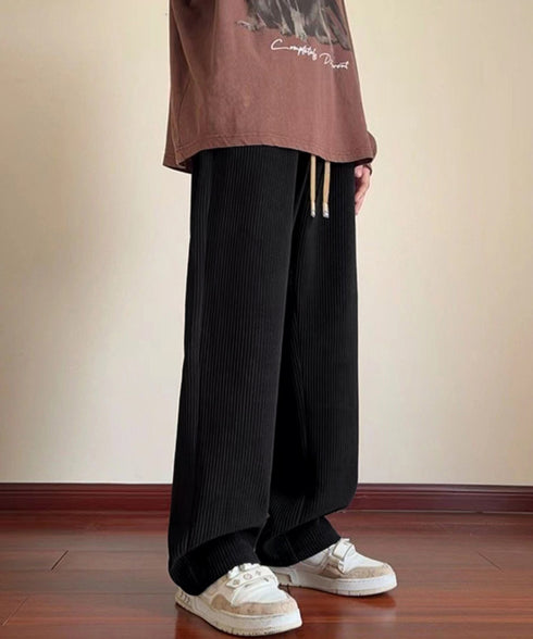 コーデュロイ ワイドイージーパンツメンズ ワンポイントワイドパンツ ウエストゴムリラックスストレートパンツ韓国風 お洒落スウェットパンツカジュアルズボン体型カバー 84JIQI-010