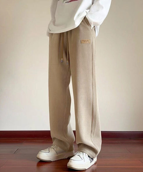 コーデュロイ ワイドイージーパンツメンズ ワンポイントワイドパンツ ウエストゴムリラックスストレートパンツ韓国風 お洒落スウェットパンツカジュアルズボン体型カバー 84JIQI-010