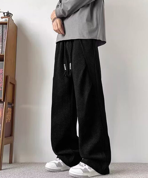ヘリンボーン柄イージーワイドパンツメンズ ドローストリング ストレートパンツ ストリート ウエストゴムバギーパンツ韓国風 ゆったりロングパンツ リラックス春服秋服 84JIQI-011