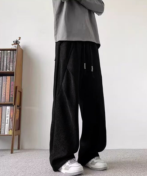 ヘリンボーン柄イージーワイドパンツメンズ ドローストリング ストレートパンツ ストリート ウエストゴムバギーパンツ韓国風 ゆったりロングパンツ リラックス春服秋服 84JIQI-011