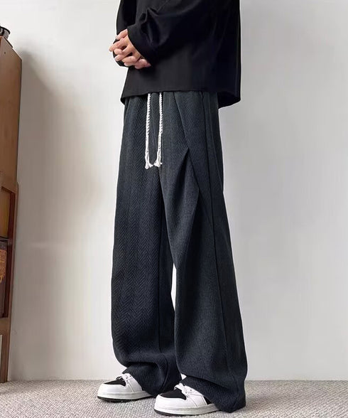 ヘリンボーン柄イージーワイドパンツメンズ ドローストリング ストレートパンツ ストリート ウエストゴムバギーパンツ韓国風 ゆったりロングパンツ リラックス春服秋服 84JIQI-011