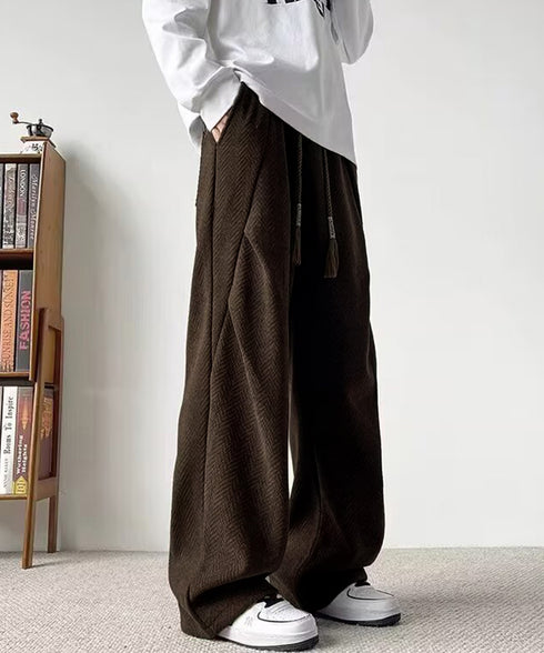 ヘリンボーン柄イージーワイドパンツメンズ ドローストリング ストレートパンツ ストリート ウエストゴムバギーパンツ韓国風 ゆったりロングパンツ リラックス春服秋服 84JIQI-011