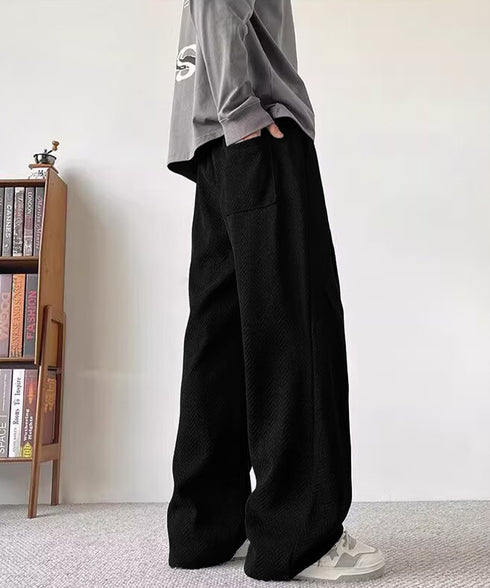 ヘリンボーン柄イージーワイドパンツメンズ ドローストリング ストレートパンツ ストリート ウエストゴムバギーパンツ韓国風 ゆったりロングパンツ リラックス春服秋服 84JIQI-011