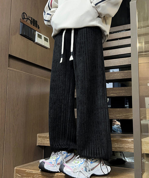 ジャガードイージーワイドパンツメンズ秋冬 リラックスストレートパンツ ウエストゴム スウェットドローコードパンツ韓国風カジュアル ニットパンツ おしゃれボトムス男 84JIQI-012